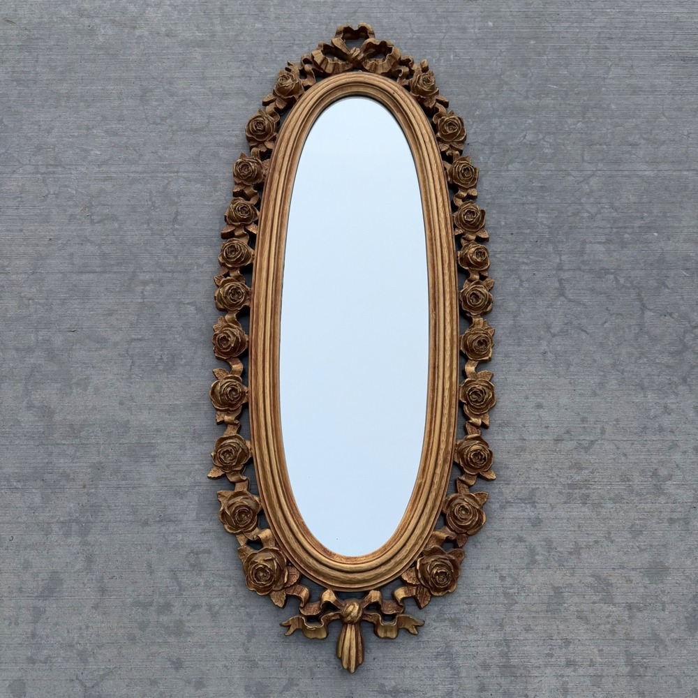 Vintage Syroco Gold Rose Floral Oval Wall Mirror Ornate Ribbon Bow 2324